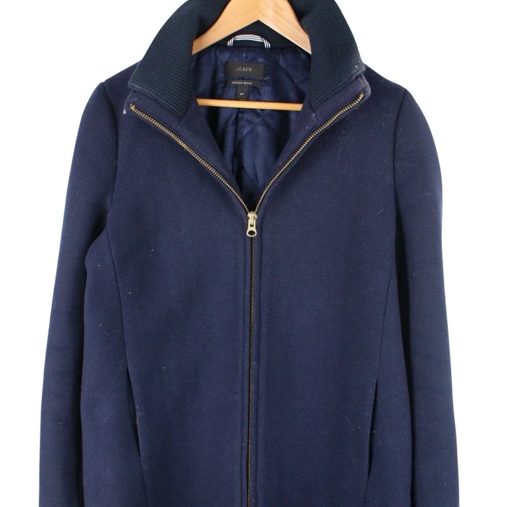 J.Crew Italian Wool Overcoat Womens 16 Tall Navy Zip Up Mid Length Jacket - Picture 2 of 4